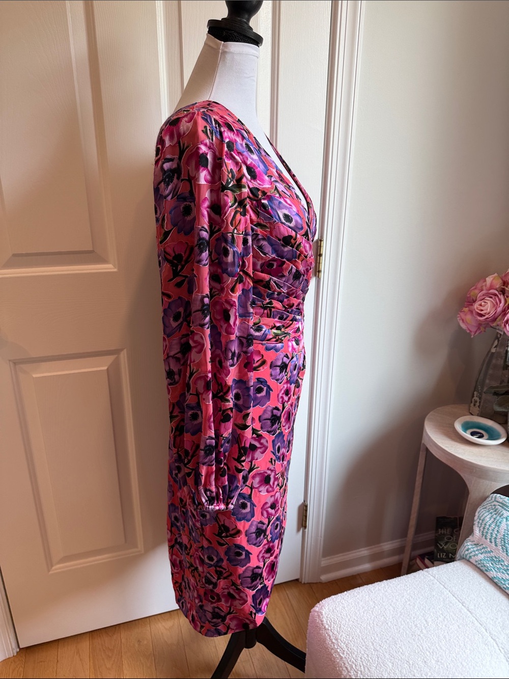 Theia Pink Floral Wrap-Front Long Sleeve Dress with Purple Blooms - Picture 4 of 8